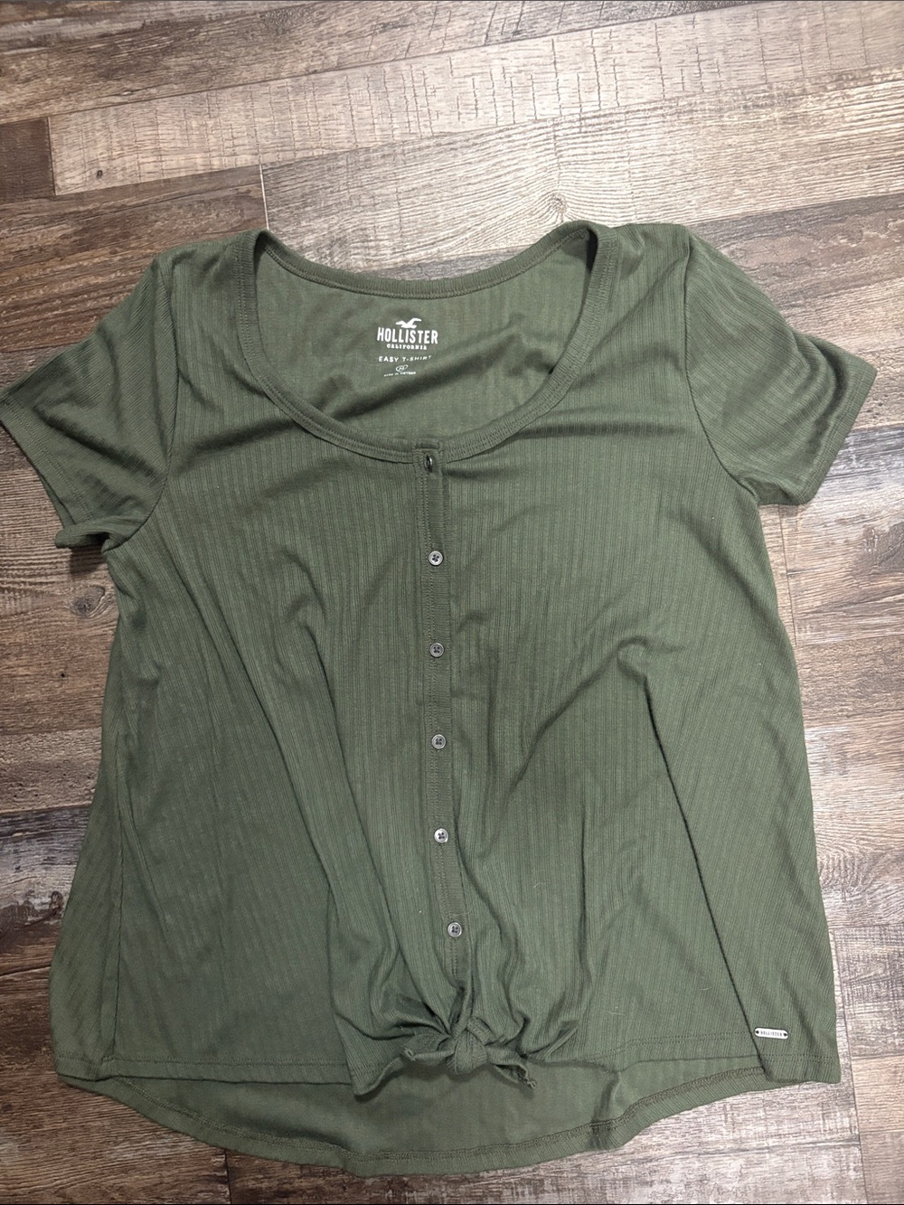 Hollister Olive Green Ribbed Short Sleeve Button-Tie Top